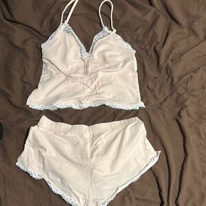 SKIMS Cream Pajama Set with Lace Trim